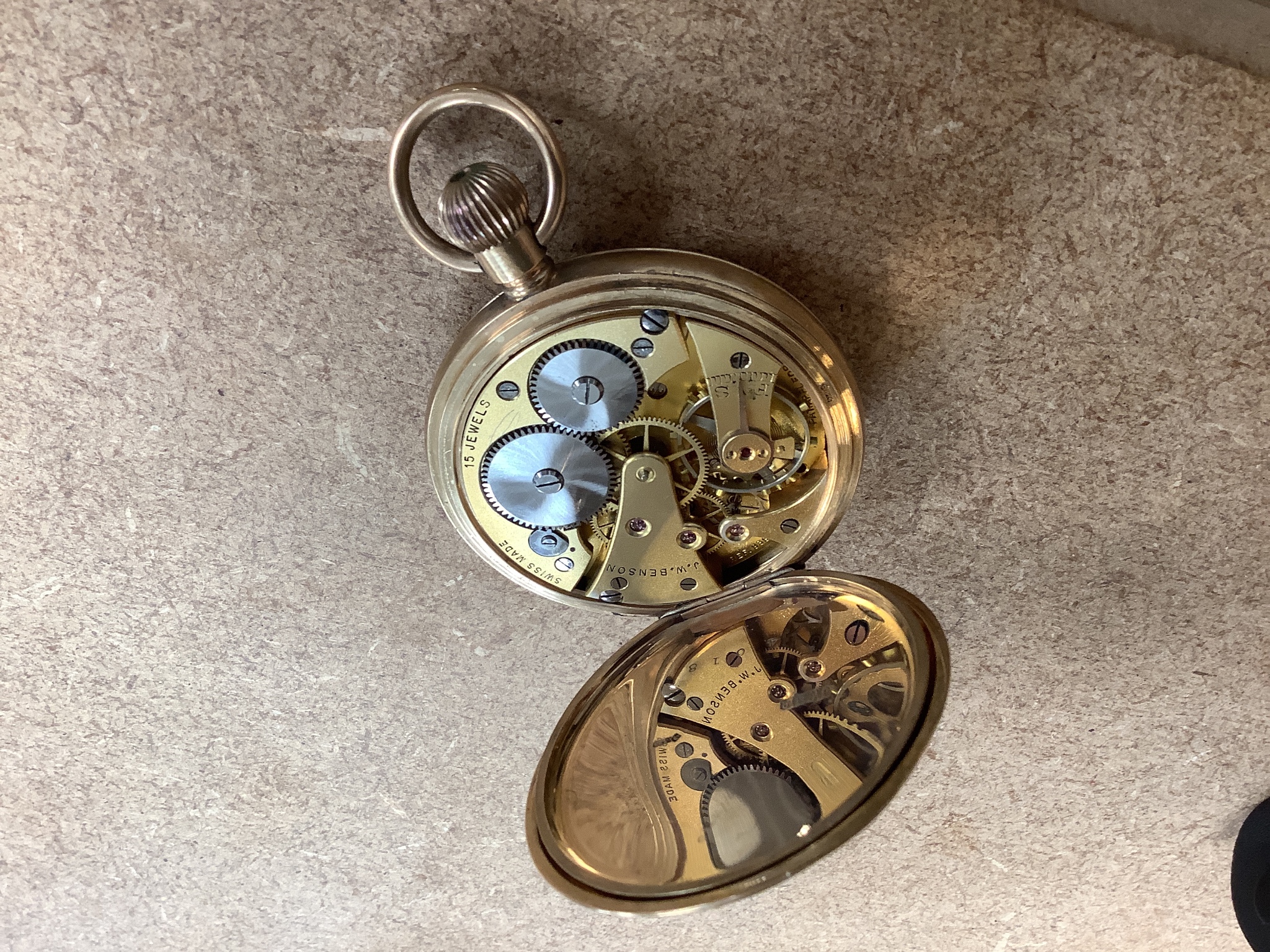 Seven assorted pocket watches including a 9ct gold open face J.W. Benson pocket watch, gross weight 83.3 grams, a silver open face pocket watch by H. Samuel, Manchester and five other gold plated or base metal pocket wat